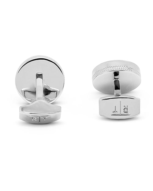Back view. Star Weave cufflinks with blue enamel on white background.