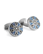 Front view. Star Weave cufflinks with blue enamel on white background.