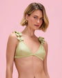 Sage green triangle bikini top featuring 3D floral appliqué shoulder straps, a plunging neckline, and a minimalist swimwear silhouette on a pink studio background.