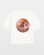 White graphic T-shirt with circular abstract print and short sleeves