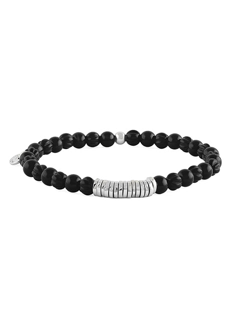 Black Agate Beaded Bracelet on white background.