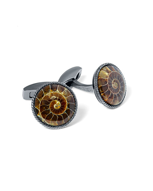 Front view. Black Rhodium Plated Silver Cable Ammonite Cufflinks on white background.