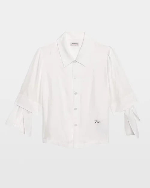 White button-up shirt with pointed collar and split short sleeves