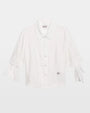White button-up shirt with pointed collar and split short sleeves