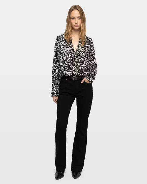 Black and white floral print blouse with long sleeves and V-neck