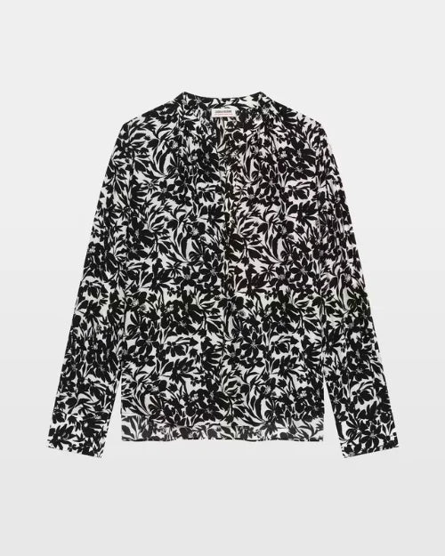 Black and white floral print long-sleeve V-neck blouse