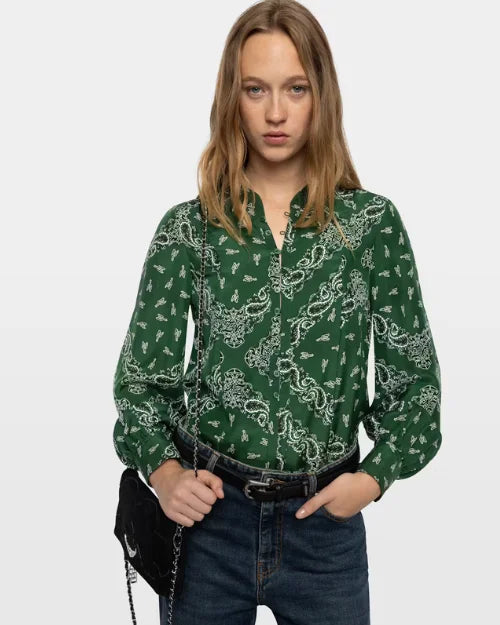 Green paisley print long-sleeve blouse with split neckline

