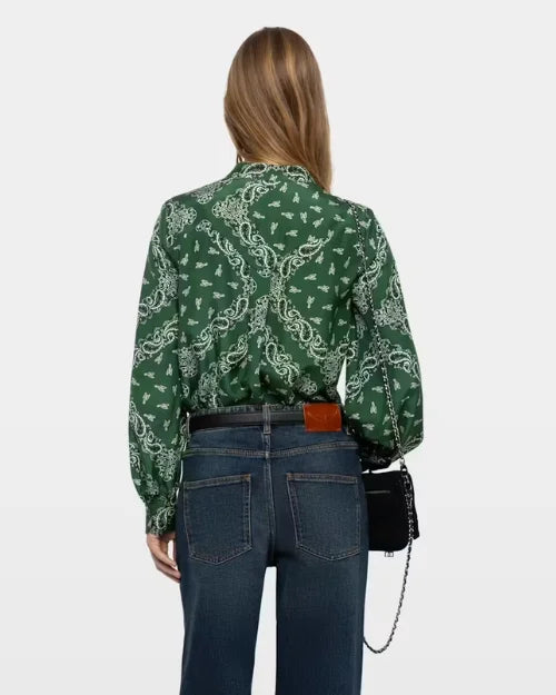Green paisley print long-sleeve blouse, back view

