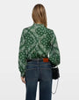 Green paisley print long-sleeve blouse, back view

