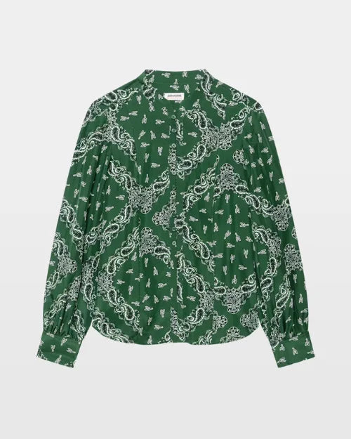 Green paisley print long-sleeve blouse with split neckline

