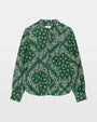 Green paisley print long-sleeve blouse with split neckline

