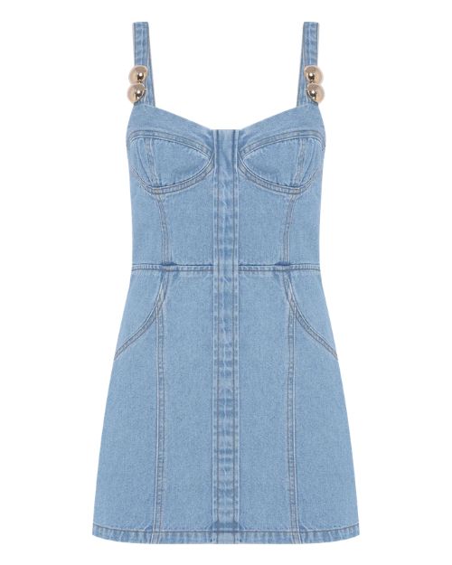 PATBO Marina Denim Mini Dress, a stylish mini dress with a buttoned front on the straps and made from durable denim.