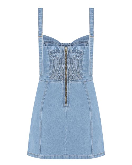 A stylish denim mini dress by PATBO, highlighted by functional zippers on the back for a trendy touch.