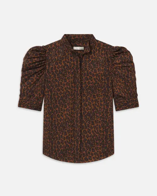 Brown and black leopard-print blouse with a stand collar, hidden front button placket, and gathered puff sleeves ending just above the elbows, shown against a light gray background.

