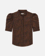 Brown and black leopard-print blouse with a stand collar, hidden front button placket, and gathered puff sleeves ending just above the elbows, shown against a light gray background.


