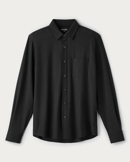 Charcoal long-sleeve button-down shirt with a classic collar, chest pocket, and tailored fit displayed on a light gray background.