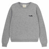 Gray long-sleeve knit sweater with a crew neckline. The sweater features the word ‘Naughty’ embroidered in small navy blue script on the left chest. It has ribbed cuffs and hem, and a visible inner tag at the neckline reading ‘Jumper 1234.