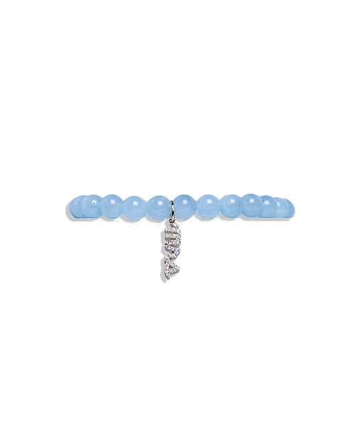 A blue beaded bracelet with a hanging diamond 'Mrs' charm.
