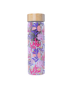 A clear cylindrical travel infuser mug with a floral pattern pink and purple. The mug includes a bamboo lid and detachable infuser.
