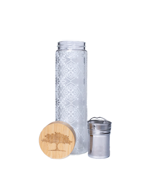 A clear travel infuser mug with white floral patterns. The mug includes bamboo lid with tree silhouette and infuser.