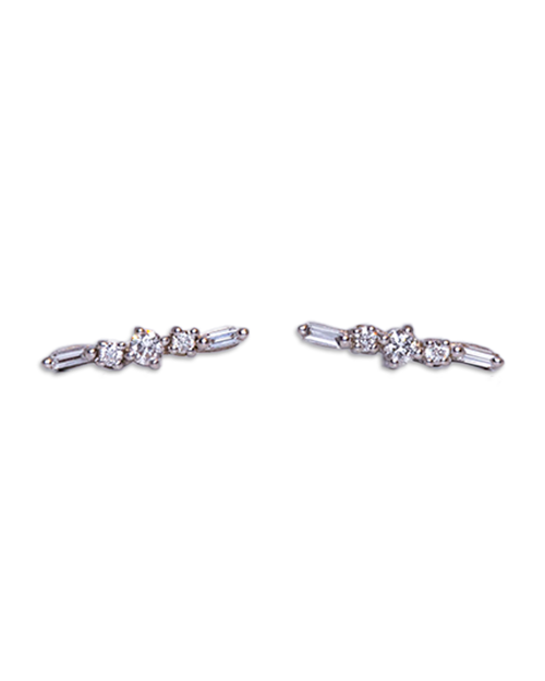 White gold stud earring with baguette cut and round diamonds.