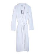 White robe with Post Oak tree logo on the top right side in grey.