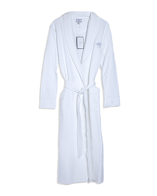 White robe with Post Oak tree logo on the top right side in grey.