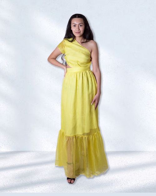 Brunette model wearing yellow one shoulder dress with black heels in front of white background.