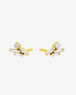 Gold earrings with rectangular and circular diamonds.