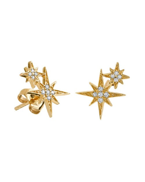 Gold and Diamond Double Starburst Studs in front of white background.