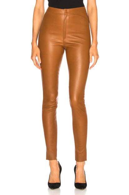 Model wearing High Waisted Skinny Leather Pant in Tobacco
