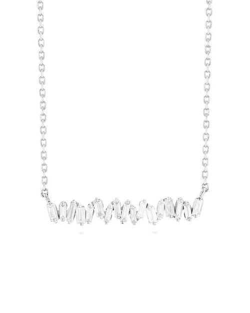 Silver necklace chain with white diamond bar connecting both ends. 