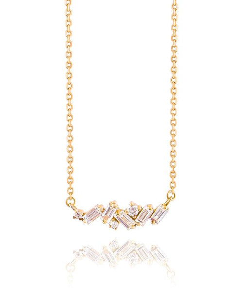 Gold necklace with diamonds in a zig-zag bar. 