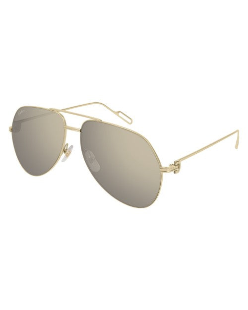 Cartier men's gold/grey sunglasses in front of white background.