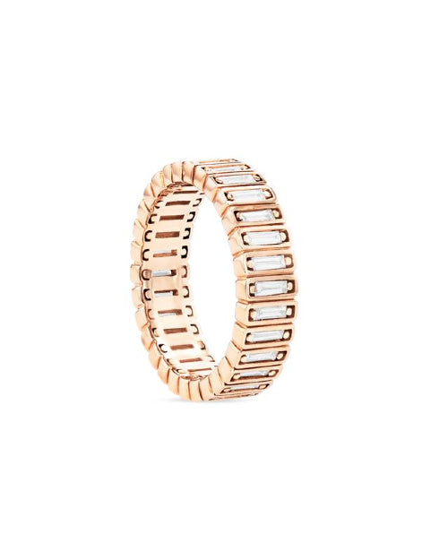 Rose gold ring with white diamonds around the band. 