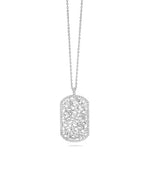 Silver necklace chain with white diamond dog tag. 
