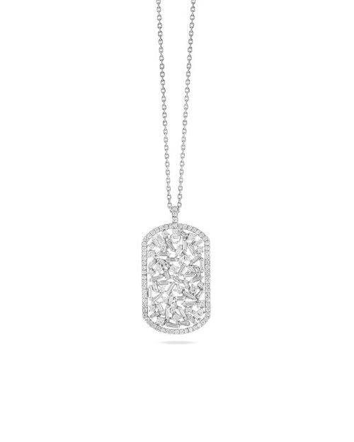 Silver necklace chain with white diamond dog tag. 