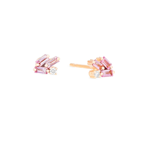 Stud earrings with baguette-cut sapphires and small round diamonds.