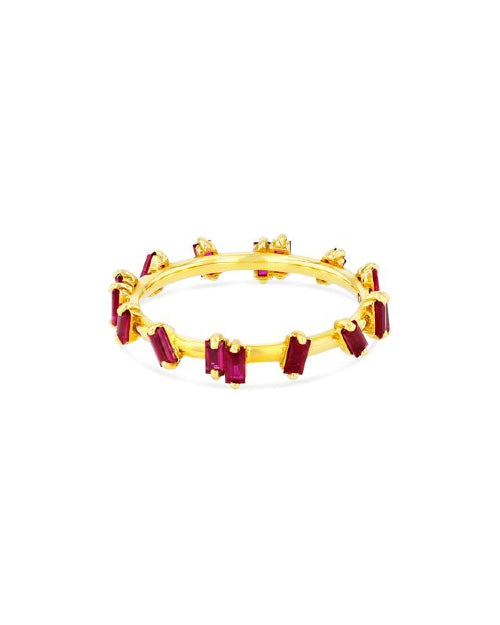 Gold ring with rubies around the band. 