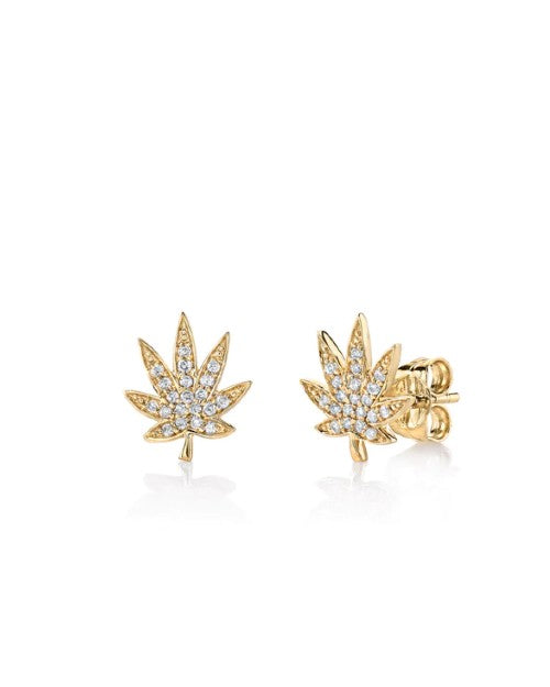 Gold and Diamond Small Pot Leaf Stud Earrings from Sydney Evan in front of white background. 