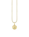 Gold and Diamond Tiny Sitting Buddha Coin Necklace in front of white background. 