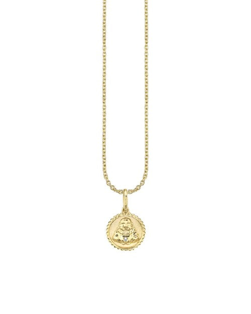 Gold and Diamond Tiny Sitting Buddha Coin Necklace in front of white background. 