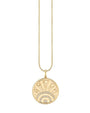 Gold chain necklace with gold and diamond coin charm.
