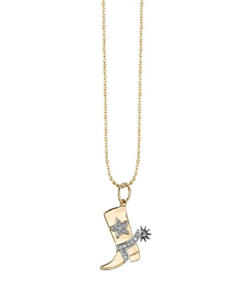 Gold chain necklace with gold and diamond cowboy boot charm.
