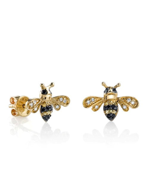 Gold and Diamond Mini Bee Stud Earrings from Sydney Evan in front of white background. 