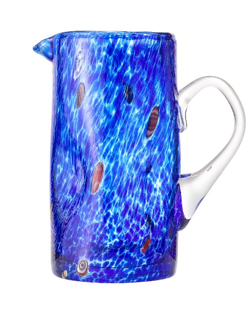 Blue Gala Pitcher in front of white background. 