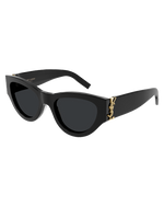 Black Women's Saint Laurent sunglasses in front of white background. 