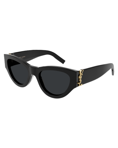 Black Women's Saint Laurent sunglasses in front of white background. 