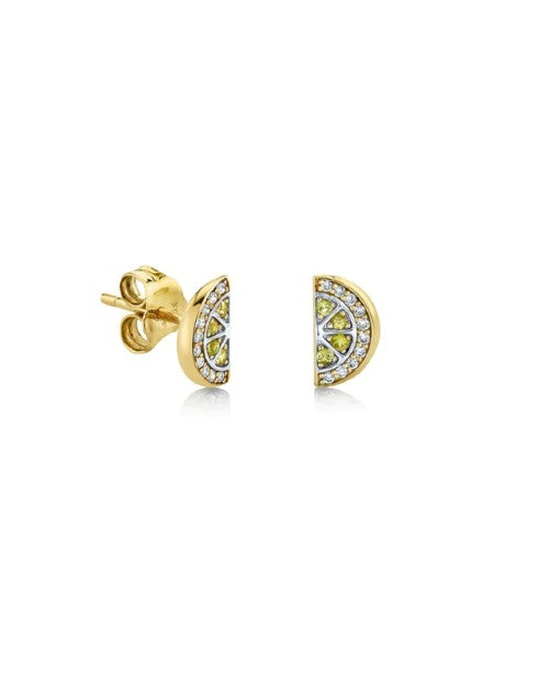 Gold and Diamond lemon stud earrings from Sydney Evan in front of white background. 
