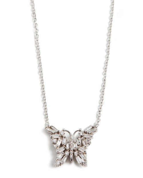 Silver necklace with diamond butterfly pendant. 
